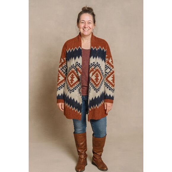 Tahari Aztec Cardigan Sweater Rust Navy Cream Geometric Open Front Women’s Mediu - Picture 1 of 6